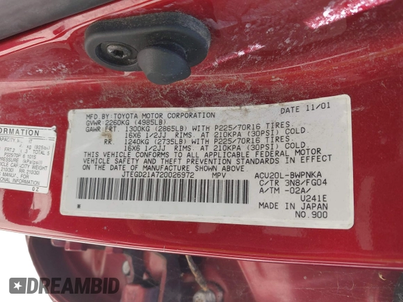 2002 Toyota Highlander with VIN JTEGD21A720026972, listed as a IAAI auction lot 42335981 with 230,298 mi miles and . Bid and sale history available at DreamBid. Image 9.