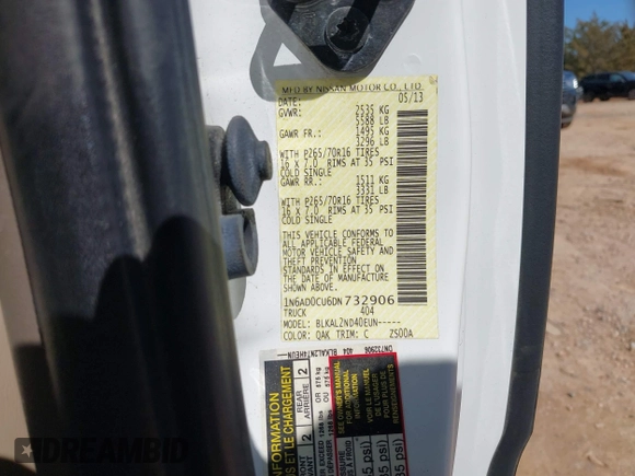 2013 Nissan Frontier SV with VIN 1N6AD0CU6DN732906, listed as a IAAI auction lot 41775949 with 193,500 mi miles and . Bid and sale history available at DreamBid. Image 9.
