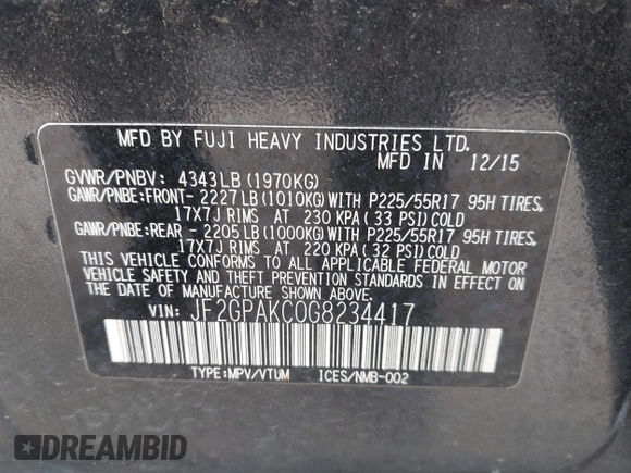 2016 Subaru Crosstrek Limited z VIN JF2GPAKC0G8234417, wystawiony jako IAAI lot #42205227 z przebiegiem 178 477 mil mil oraz . Historia ofert i sprzedaży dostępna na DreamBid. Obrazek 9.