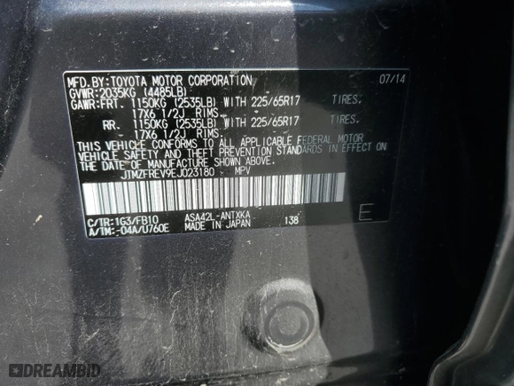 2014 Toyota RAV4 LE with VIN JTMZFREV9EJ023180, listed as a Copart auction lot 52486705 with 169,037 mi miles and Salvage Title. Bid and sale history available at carsss.com. Image 13.