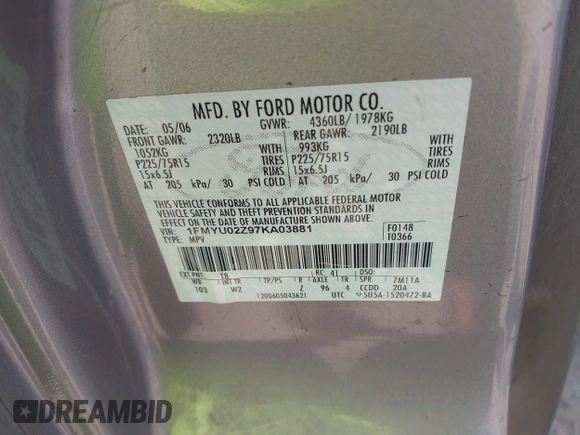 2007 Ford Escape XLS с VIN 1FMYU02Z97KA03881, выставлен на аукционе IAAI как лот 42481965 с пробегом 124 703 миль миль и . История ставок и продаж доступна на DreamBid. Изображение 9.