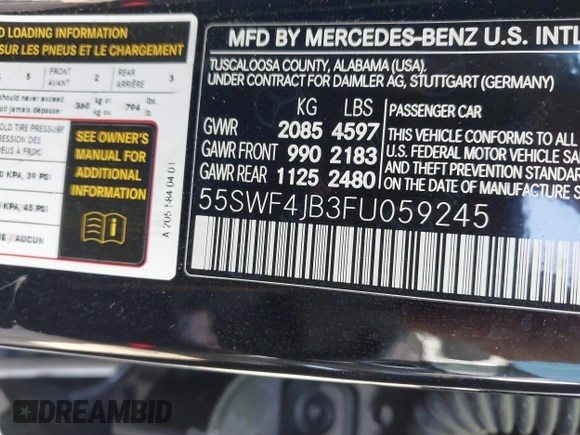 2015 Mercedes-Benz C-Class C 300 with VIN 55SWF4JB3FU059245, listed as a IAAI auction lot 41813533 with 79,341 mi miles. Bid and sale history available at carsss.com. Image 9.