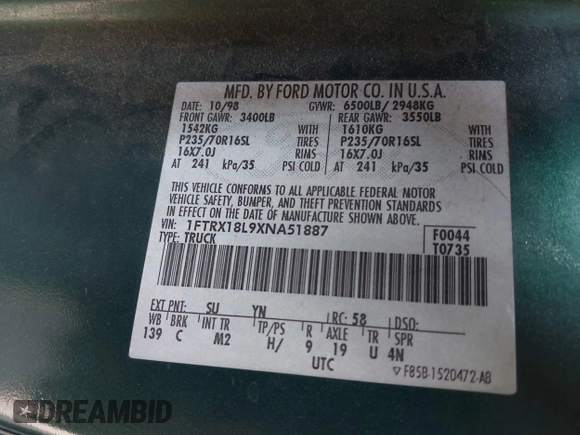 1999 Ford F-150 XL с VIN 1FTRX18L9XNA51887, выставлен на аукционе IAAI как лот 42498279 с пробегом Не указан миль и . История ставок и продаж доступна на DreamBid. Изображение 9.