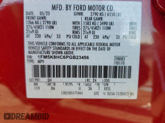 2023 Ford Explorer Platinum with VIN 1FM5K8HC6PGB23456, listed as a Copart auction lot 84264414 with 3,826 mi miles and Salvage title. Bid and sale history available at DreamBid. Image 14.
