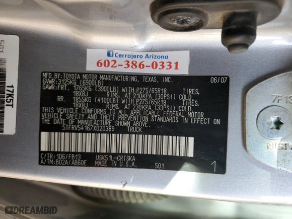 2007 Toyota Tundra SR5 with VIN 5TFRV54167X020389, listed as a Copart auction lot 45905315 with 332,277 mi miles and Salvage Title. Bid and sale history available at carsss.com. Image 14.