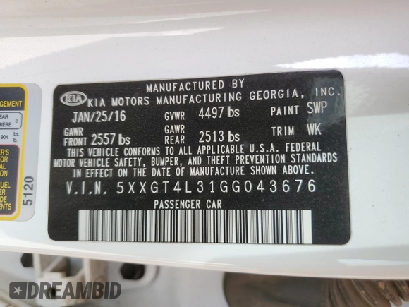 2016 Kia Optima LX with VIN 5XXGT4L31GG043676, listed as a Copart auction lot 50273545 with 93,884 mi miles and Salvage Title. Bid and sale history available at carsss.com. Image 12.