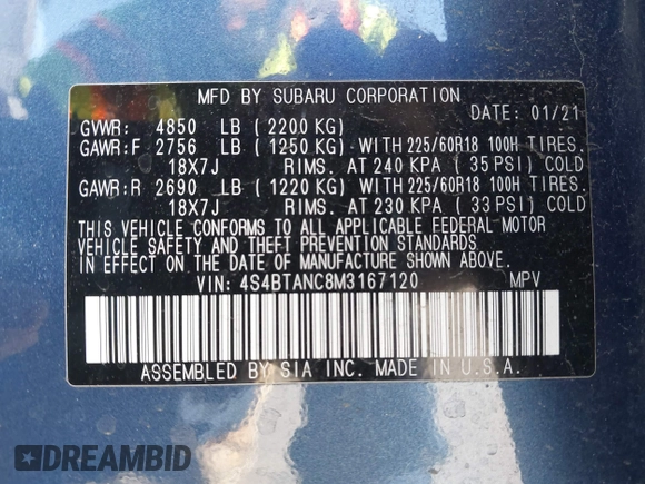 2021 Subaru Outback Limited с VIN 4S4BTANC8M3167120, выставлен на аукционе IAAI как лот 41324094 с пробегом 41 160 миль миль и . История ставок и продаж доступна на DreamBid. Изображение 9.