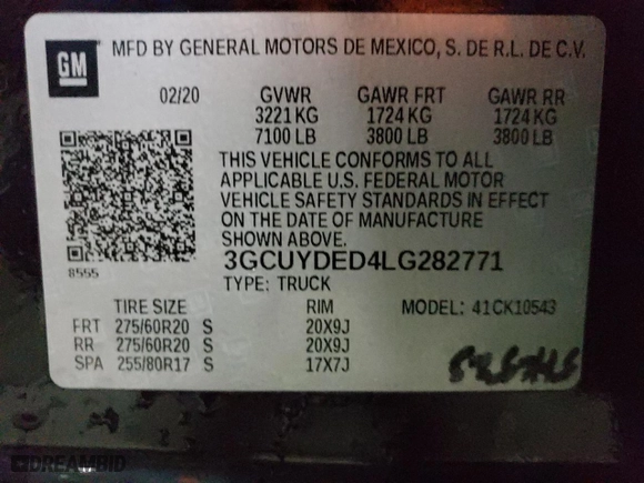 2020 Chevrolet Silverado 1500 LT with VIN 3GCUYDED4LG282771, listed as a Copart auction lot 85280594 with 139,664 mi miles and Salvage Title. Bid and sale history available at carsss.com. Image 12.