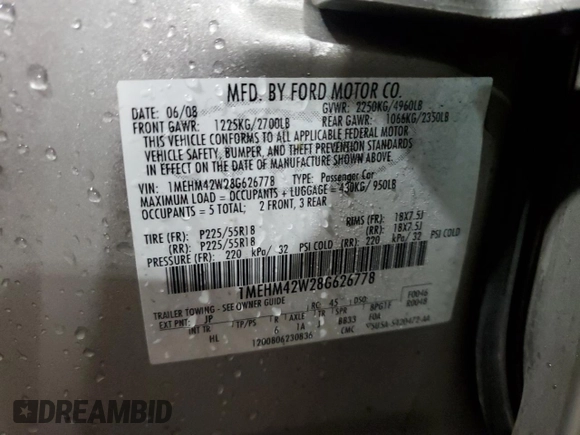 2008 Mercury Sable Premier с VIN 1MEHM42W28G626778, выставлен на аукционе Copart как лот 57910395 с пробегом 186 459 миль миль и Списание • Salvage title. История ставок и продаж доступна на DreamBid. Изображение 13.