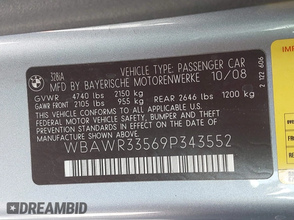 2009 BMW 3 Series 328i with VIN WBAWR33569P343552, listed as a IAAI auction lot 42603821 with 101,278 mi miles and . Bid and sale history available at DreamBid. Image 9.