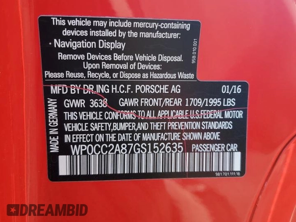 2016 Porsche Boxster Spyder с VIN WP0CC2A87GS152635, выставлен на аукционе Copart как лот 69465204 с пробегом 30 807 миль миль и Списание • Salvage title. История ставок и продаж доступна на DreamBid. Изображение 12.