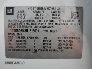 2017 GMC Canyon 2WD SLT with VIN 1GTG5DEN3H1313691, listed as a Copart auction lot 68253144 with 74,526 mi miles and Non Repairable. Bid and sale history available at carsss.com. Image 12.