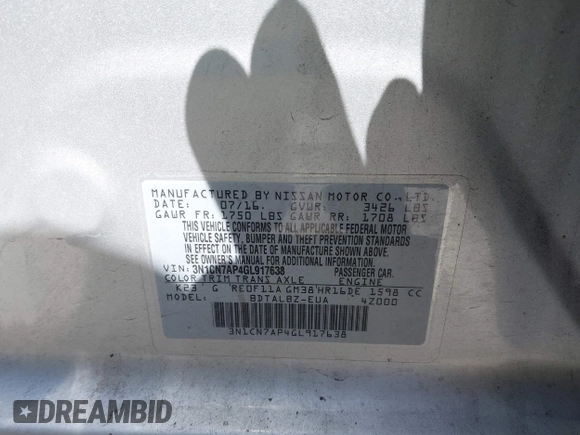 2016 Nissan Versa S Plus with VIN 3N1CN7AP4GL917638, listed as a IAAI auction lot 42489016 with 90,724 mi miles and . Bid and sale history available at DreamBid. Image 9.