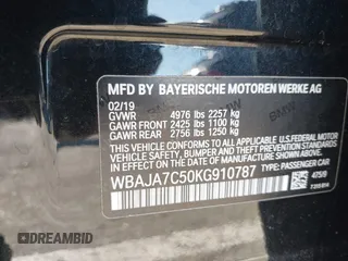 2019 BMW 5 Series 530i xDrive with VIN WBAJA7C50KG910787, listed as a IAAI auction lot 41761104 with 65,018 mi miles. Bid and sale history available at carsss.com. Image 9.