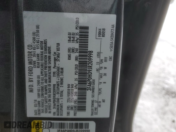 2018 Ford Fusion SE z VIN 3FA6P0HD9JR209998, wystawiony jako Copart lot #43036385 z przebiegiem Nie podano mil oraz Nie do naprawy • Non repairable. Historia ofert i sprzedaży dostępna na DreamBid. Obrazek 15.