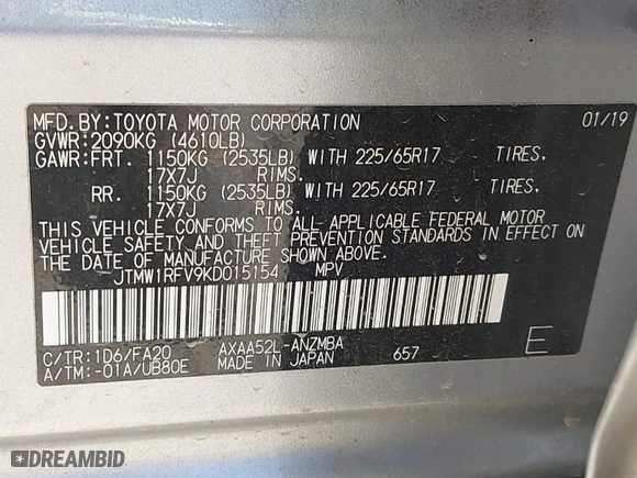 2019 Toyota RAV4 XLE with VIN JTMW1RFV9KD015154, listed as a IAAI auction lot 40571484 with 1 mi miles. Bid and sale history available at carsss.com. Image 9.