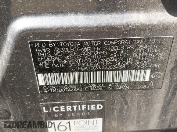 2018 Lexus IS 300 with VIN JTHBA1D23J5063488, listed as a IAAI auction lot 42364471 with 149,804 mi miles and . Bid and sale history available at DreamBid. Image 9.