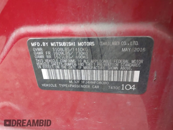 2017 Mitsubishi Mirage ES with VIN ML32F3FJ4HHF08080, listed as a IAAI auction lot 42182294 with 61,709 mi miles and . Bid and sale history available at DreamBid. Image 9.