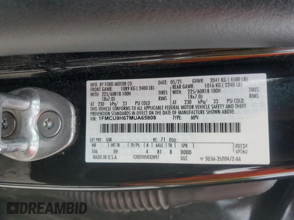 2021 Ford Escape SEL with VIN 1FMCU9H67MUA65808, listed as a Copart auction lot 53209275 with 122,335 mi miles and Clean Title. Bid and sale history available at DreamBid. Image 13.