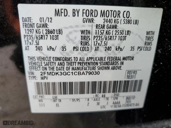 2012 Ford Edge SE with VIN 2FMDK3GC1CBA79030, listed as a Copart auction lot 47229695 with 151,275 mi miles and Salvage Title. Bid and sale history available at carsss.com. Image 14.