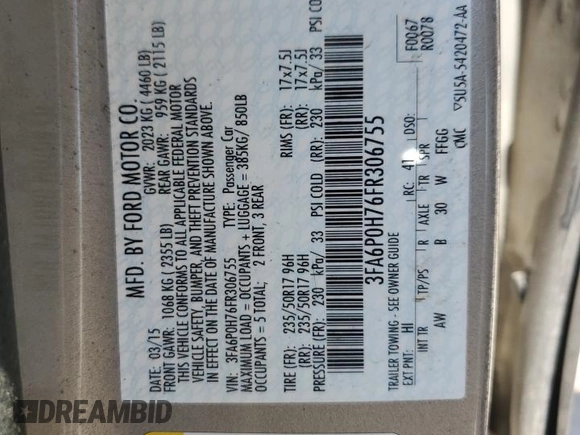 2015 Ford Fusion SE with VIN 3FA6P0H76FR306755, listed as a Copart auction lot 50577215 with 143,100 mi miles and Salvage Title. Bid and sale history available at DreamBid. Image 12.