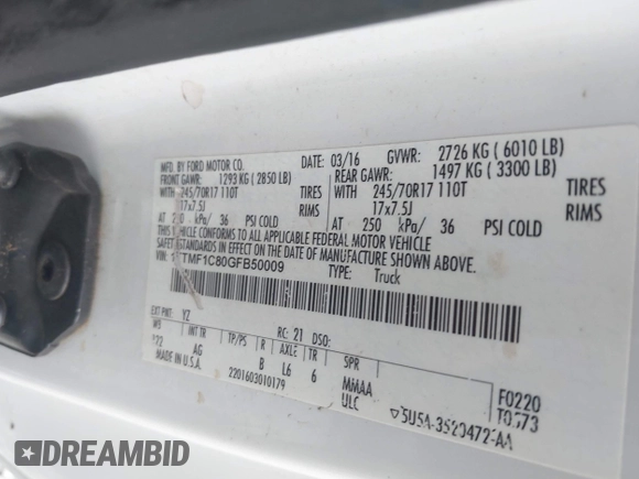 2016 Ford F-150 XL with VIN 1FTMF1C80GFB50009, listed as a IAAI auction lot 42497846 with 119,663 mi miles and . Bid and sale history available at DreamBid. Image 9.