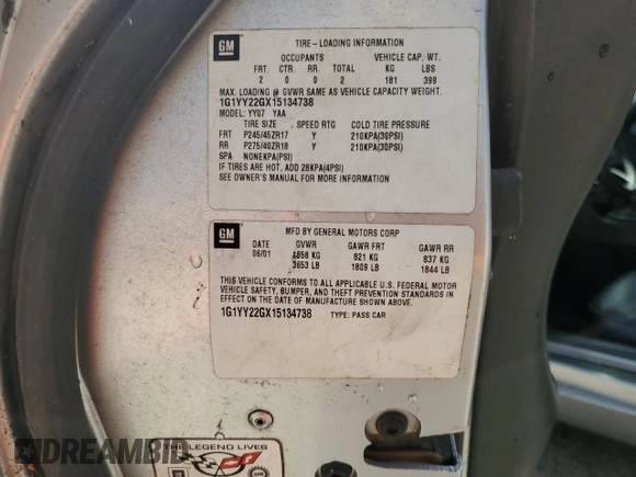 2001 Chevrolet Corvette with VIN 1G1YY22GX15134738, listed as a Copart auction lot 45674865 with 178,942 mi miles and Salvage Title. Bid and sale history available at carsss.com. Image 13.