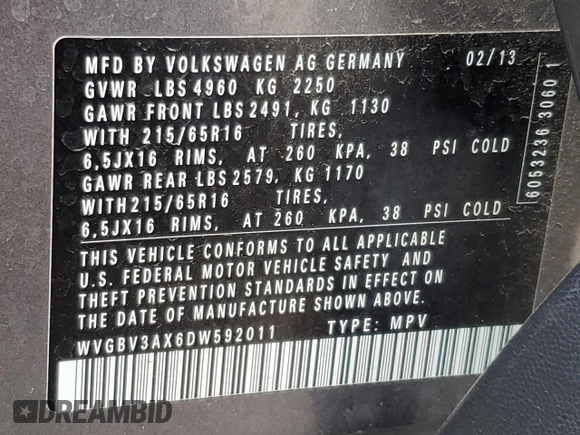 2013 Volkswagen Tiguan S с VIN WVGBV3AX6DW592011, выставлен на аукционе Copart как лот 59802095 с пробегом 112 485 миль миль и Списание • Salvage title. История ставок и продаж доступна на DreamBid. Изображение 13.