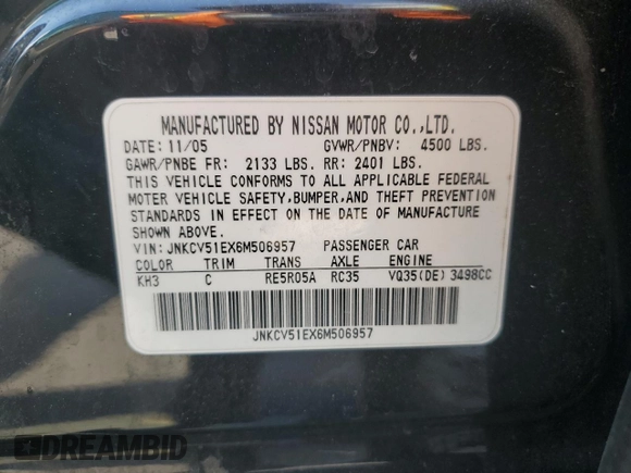 2006 Infiniti G35 with VIN JNKCV51EX6M506957, listed as a Copart auction lot 69821154 with 197,260 mi miles and Salvage Title. Bid and sale history available at DreamBid. Image 13.