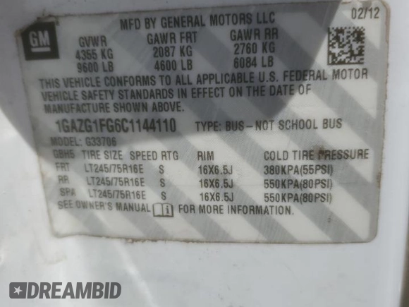 2012 Chevrolet Express Passenger 1LT z VIN 1GAZG1FG6C1144110, wystawiony jako Copart lot #56135025 z przebiegiem 145 093 mil mil oraz Szkoda całkowita • Salvage title. Historia ofert i sprzedaży dostępna na DreamBid. Obrazek 13.