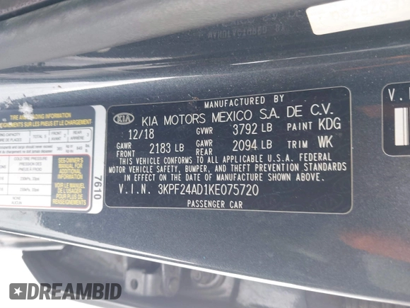 2019 Kia Forte LXS with VIN 3KPF24AD1KE075720, listed as a IAAI auction lot 41601639 with 94,518 mi miles. Bid and sale history available at carsss.com. Image 9.