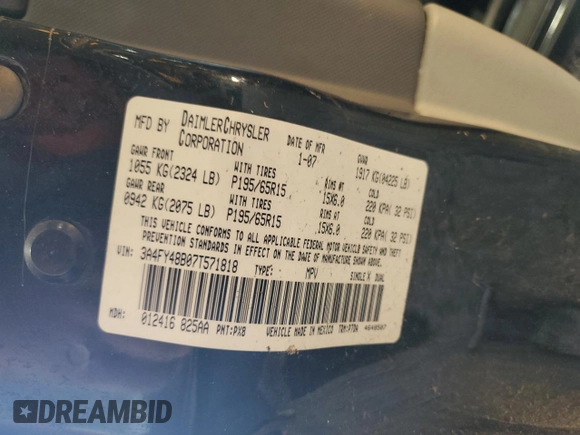 2007 Chrysler PT Cruiser with VIN 3A4FY48B07T571818, listed as a Copart auction lot 72252094 with 148,258 mi miles and Salvage Title. Bid and sale history available at carsss.com. Image 12.