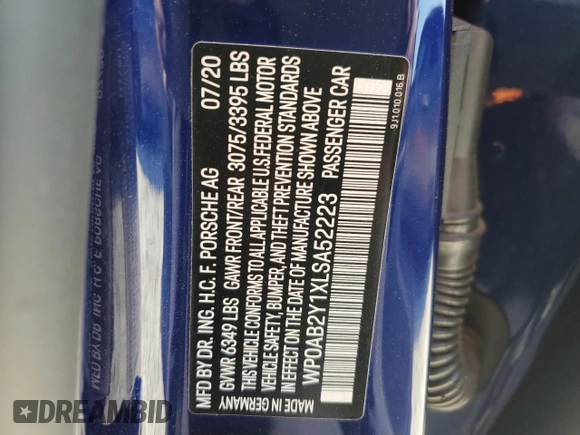 2020 Porsche Taycan 4S with VIN WP0AB2Y1XLSA52223, listed as a Copart auction lot 51683985 with 46,908 mi miles and Salvage title. Bid and sale history available at DreamBid. Image 13.