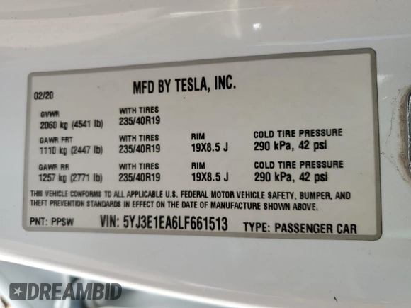 2020 Tesla Model 3 Standard Range Plus with VIN 5YJ3E1EA6LF661513, listed as a Copart auction lot 47008985 with 128,362 mi miles and Non Repairable. Bid and sale history available at DreamBid. Image 12.