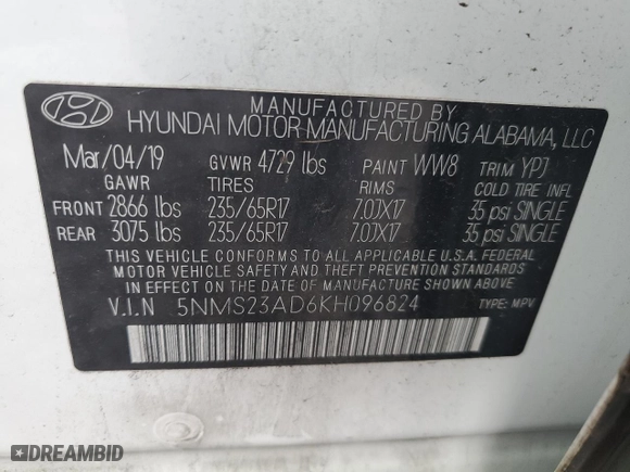 2019 Hyundai Santa Fe SE with VIN 5NMS23AD6KH096824, listed as a Copart auction lot 80300854 with 120,181 mi miles and Non Repairable. Bid and sale history available at carsss.com. Image 13.