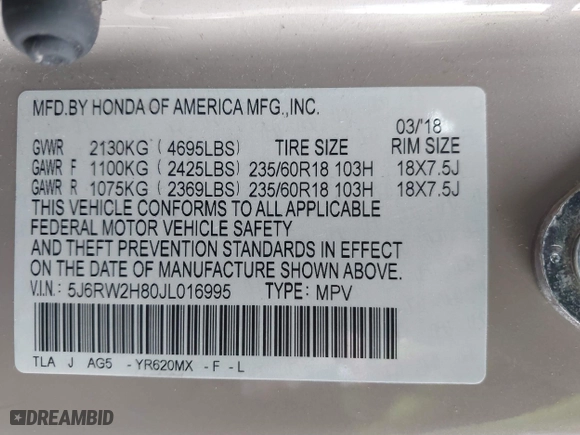 2018 Honda CR-V EX-L with VIN 5J6RW2H80JL016995, listed as a IAAI auction lot 41667349 with 68,453 mi miles. Bid and sale history available at carsss.com. Image 9.