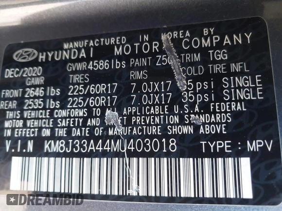 2021 Hyundai Tucson Value with VIN KM8J33A44MU403018, listed as a IAAI auction lot 42074597 with 63,654 mi miles and . Bid and sale history available at DreamBid. Image 9.