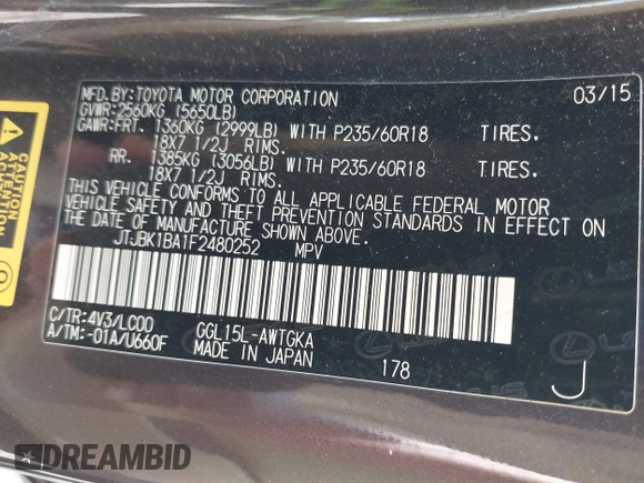 2015 Lexus RX 350 with VIN JTJBK1BA1F2480252, listed as a IAAI auction lot 42295894 with 92,917 mi miles and . Bid and sale history available at DreamBid. Image 9.