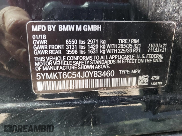 2018 BMW X5 M z VIN 5YMKT6C54J0Y83460, wystawiony jako Copart lot #57874275 z przebiegiem 58 656 mil mil oraz Szkody całkowita. Historia ofert i sprzedaży dostępna na DreamBid. Obrazek 13.