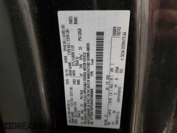 2019 Ford F-150 XL with VIN 1FTEX1EP2KKF06966, listed as a Copart auction lot 44263605 with 82,600 mi miles and Non Repairable. Bid and sale history available at carsss.com. Image 12.