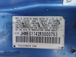 1994 Honda del Sol S with VIN JHMEG1142RS000753, listed as a Copart auction lot 80063034 with 214,736 mi miles and Salvage Title. Bid and sale history available at carsss.com. Image 12.