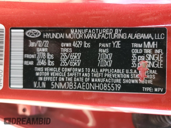 2022 Hyundai Tucson SEL with VIN 5NMJB3AE0NH085519, listed as a Copart auction lot 54003545 with 66,200 mi miles and Salvage Title. Bid and sale history available at DreamBid. Image 13.
