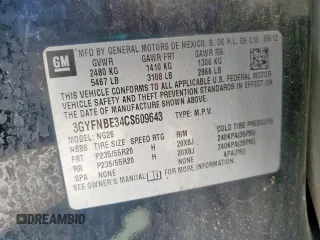 2012 Cadillac SRX Performance Collection with VIN 3GYFNBE34CS609643, listed as a Copart auction lot 57223065 with 182,072 mi miles and Salvage title. Bid and sale history available at DreamBid. Image 13.