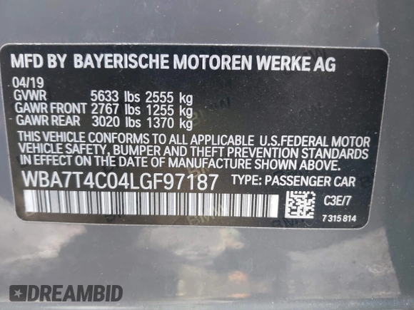 2020 BMW 7 Series 740i xDrive with VIN WBA7T4C04LGF97187, listed as a IAAI auction lot 42505343 with 70,709 mi miles and . Bid and sale history available at DreamBid. Image 9.