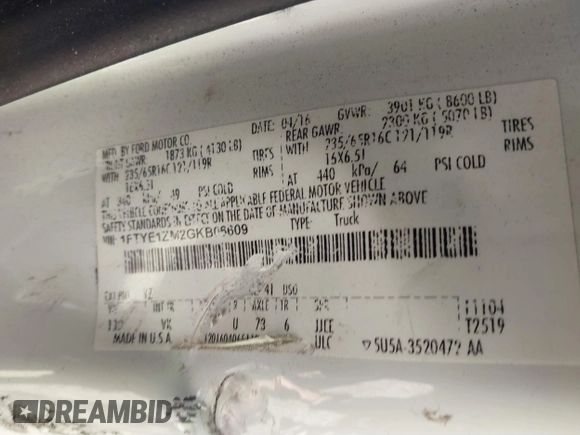 2016 Ford Transit Cargo with VIN 1FTYE1ZM2GKB06609, listed as a IAAI auction lot 41226269 with 543,148 mi miles and . Bid and sale history available at DreamBid. Image 9.