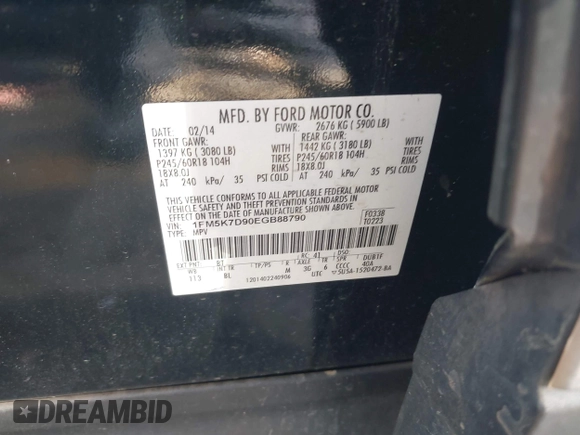 2014 Ford Explorer XLT с VIN 1FM5K7D90EGB88790, выставлен на аукционе IAAI как лот 41920227 с пробегом 196 406 миль миль и . История ставок и продаж доступна на DreamBid. Изображение 9.