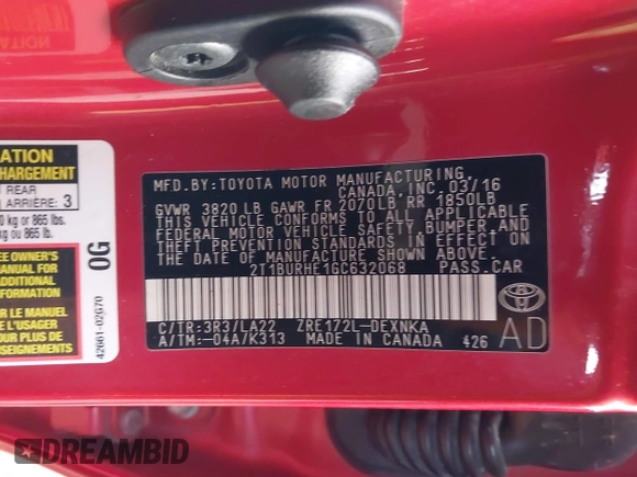 2016 Toyota Corolla L with VIN 2T1BURHE1GC632068, listed as a IAAI auction lot 41824236 with 91,993 mi miles and . Bid and sale history available at DreamBid. Image 9.