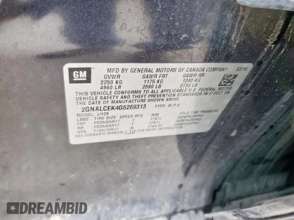 2016 Chevrolet Equinox LT with VIN 2GNALCEK4G6269313, listed as a Copart auction lot 54508285 with 109,123 mi miles and Clean Title. Bid and sale history available at carsss.com. Image 14.