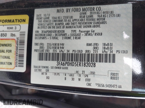 2014 Ford Fusion SE with VIN 3FA6P0HD5ER182028, listed as a IAAI auction lot 42108063 with 198,131 mi miles and . Bid and sale history available at DreamBid. Image 9.