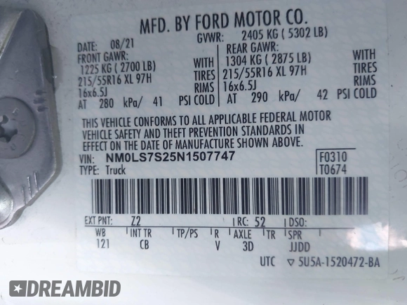 2022 Ford Transit Connect XL with VIN NM0LS7S25N1507747, listed as a IAAI auction lot 41995839 with 125,316 mi miles and . Bid and sale history available at DreamBid. Image 9.